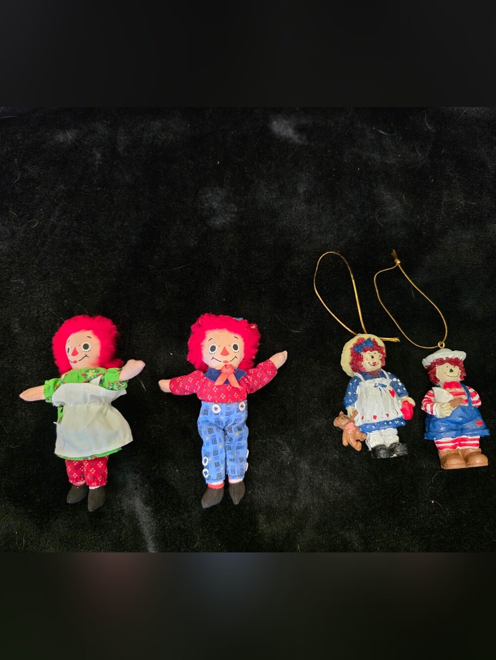 Vintage Kenner/Hasbro 4" Raggedy Ann & Andy Dolls & 2 Ornaments